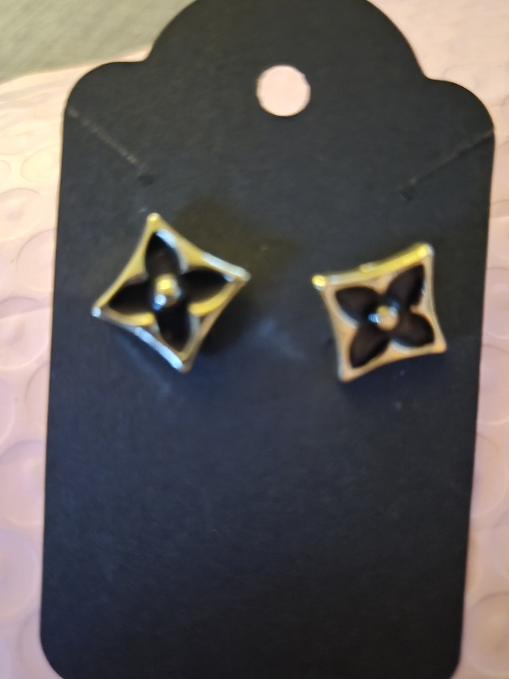 Gold-tone Black Flower Stud Earrings